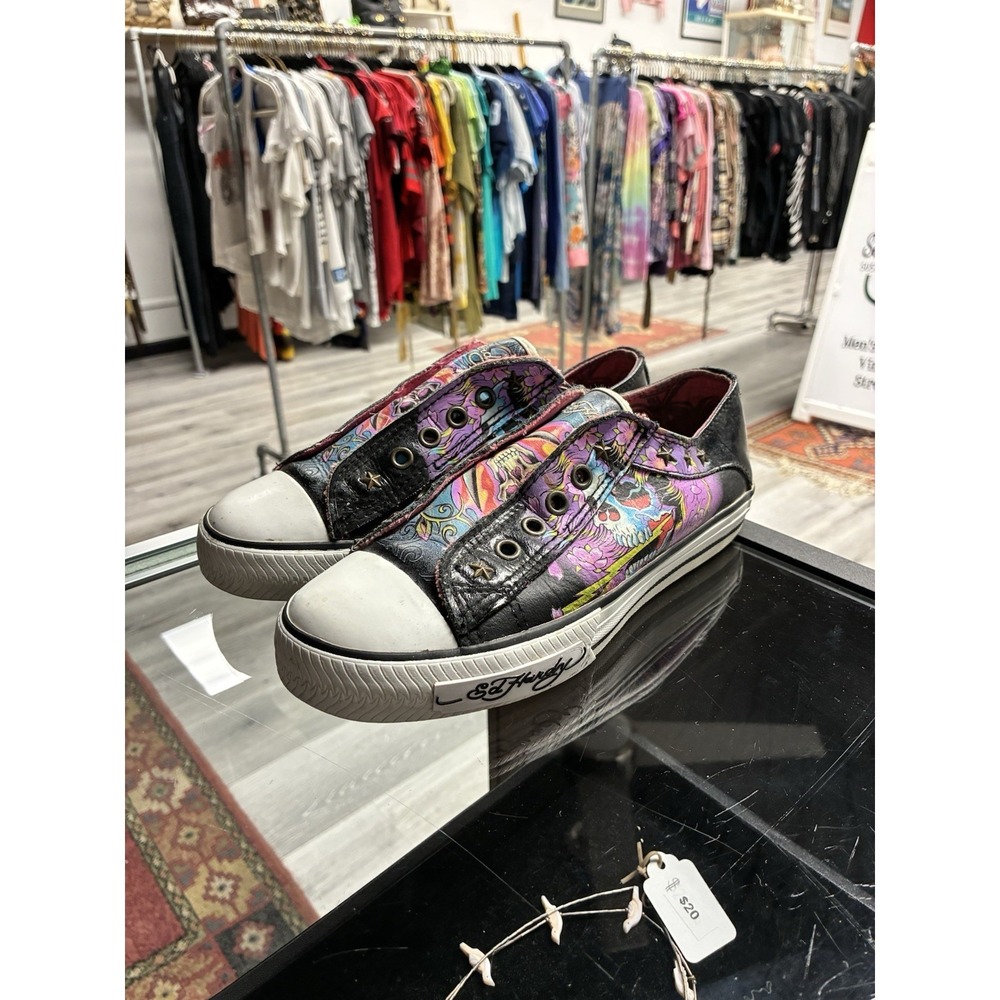 Ed Hardy Christian Audigier Tattoo Print Slip On Sneakers Black/Multicolor Sz 6